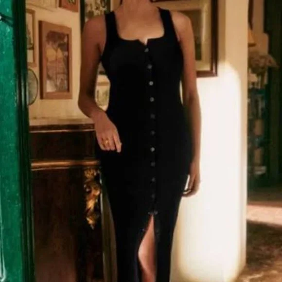 Sezane Size XL Black Fabiola Sleeveless Cotton Ribbed Button Front Midi Dress - Picture 4 of 13